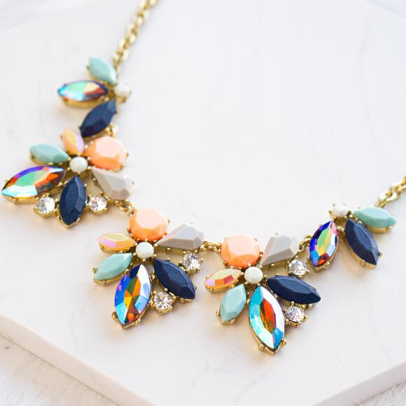 J.Crew Asymmetrical Crystal Clusters Necklace In NEON FLAM - Picture 4 of 6
